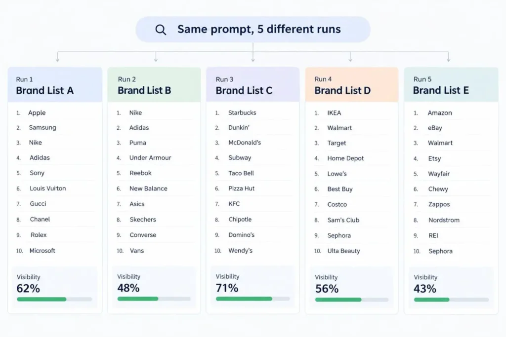 AI prompt returning different brand lists across five runs, showing why prompt tracking needs repeated runs
