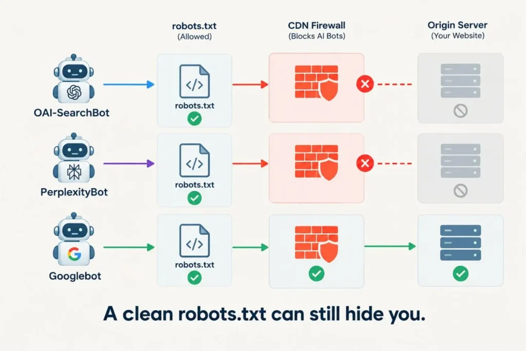 Diagram showing AI crawlers blocked at the CDN despite robots.txt allowing them