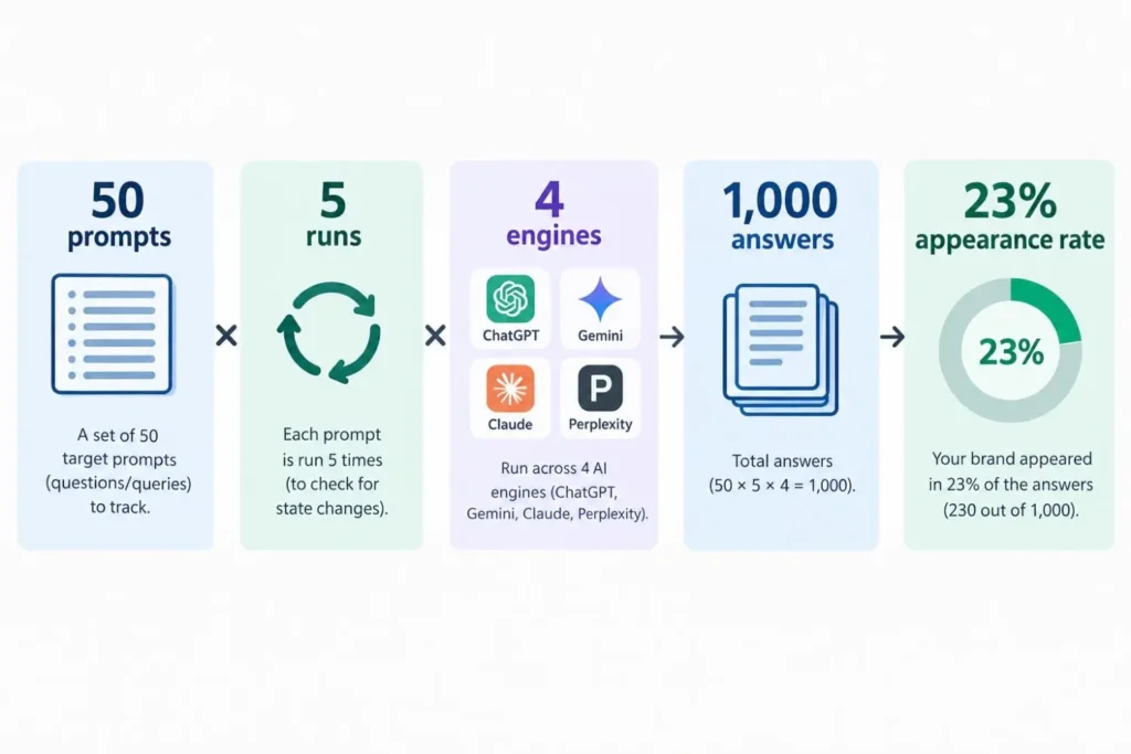 Diagram of repeated-run AI search tracking for SaaS SEO agency evaluation