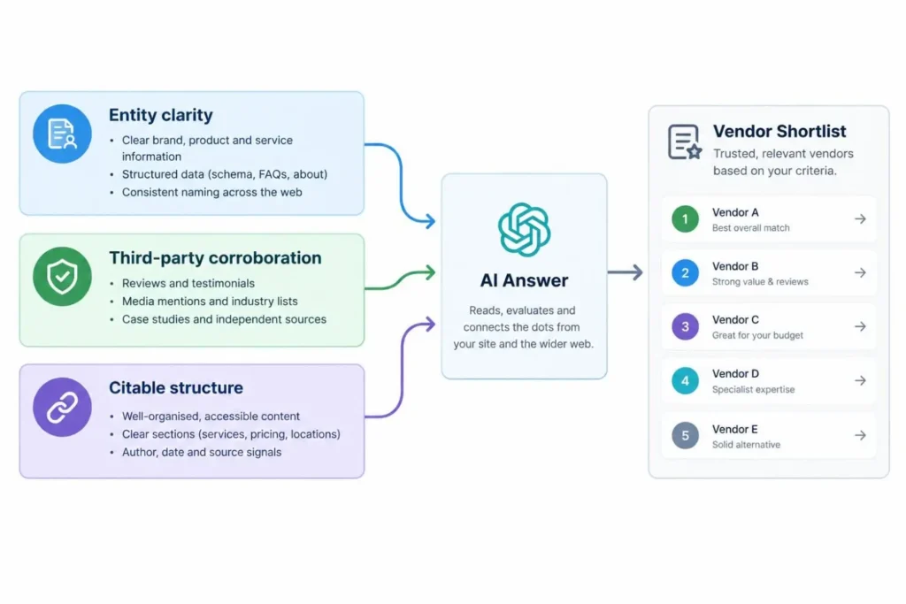 Diagram of the three signals AI engines check before naming a SaaS vendor