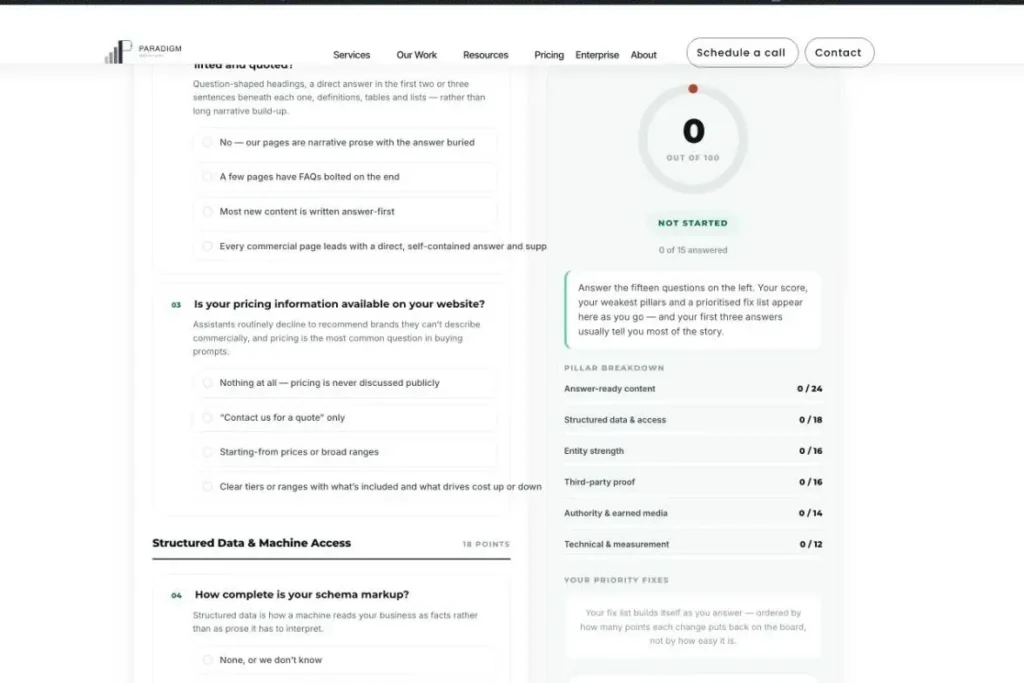 AI Visibility Checker pillar scores comparing three help desk SaaS brands