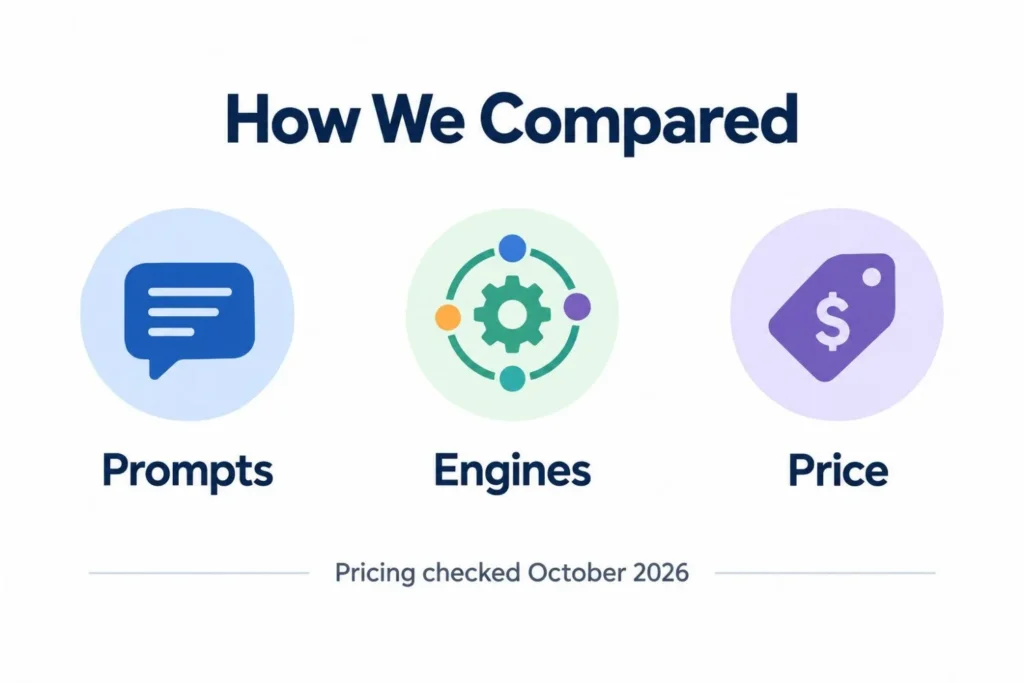 Three criteria used to compare AI visibility tools: prompts, engines and price