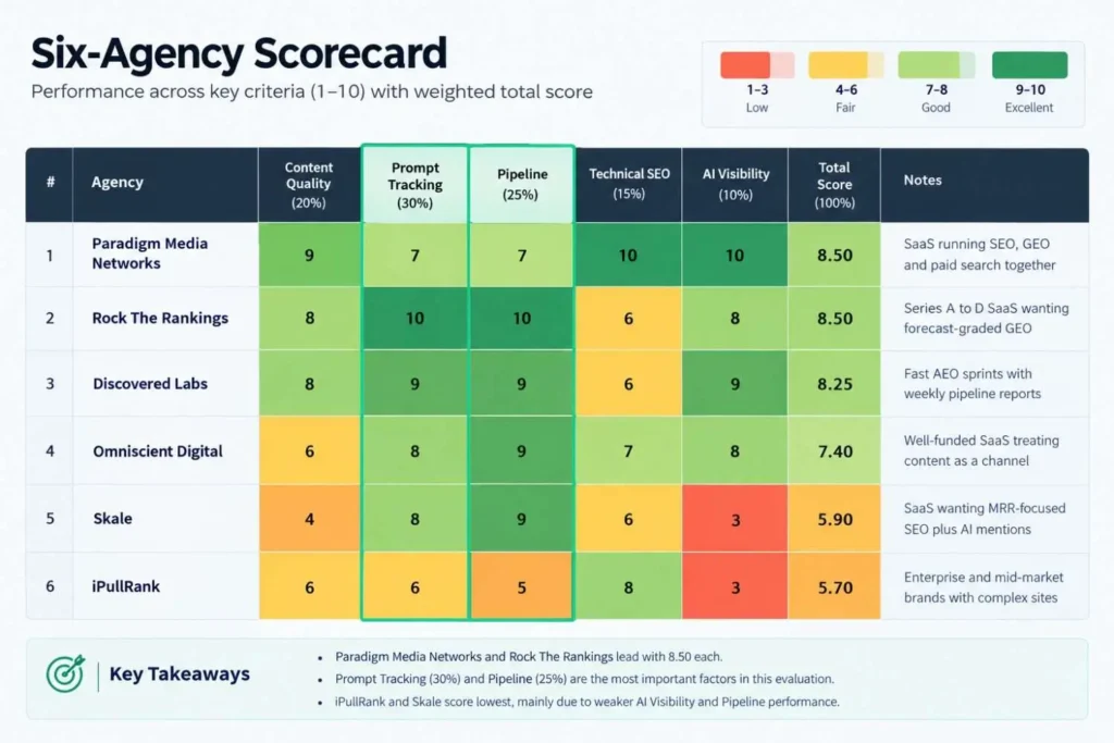 Weighted scoring table of six B2B GEO agencies on prompt tracking and pipeline reporting