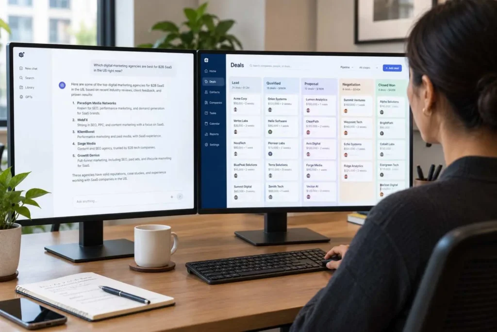 Marketing lead comparing the best GEO agencies 2026 for B2B SaaS against CRM pipeline data
