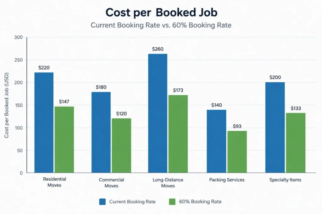 Chart of estimated cost per booked job by trade at current and improved booking rates