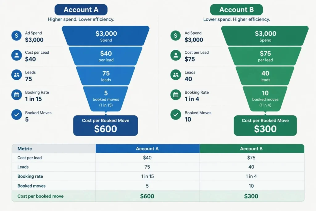 Cost per lead vs cost per booked move comparison for moving company PPC