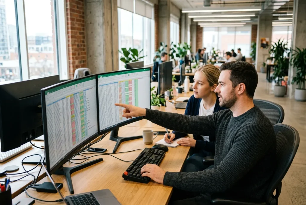 Web developer and SEO specialist reviewing a 301 redirect mapping spreadsheet across two monitors