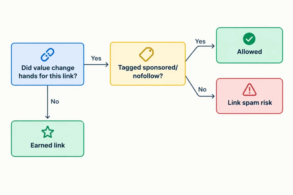 Flowchart showing when a paid SaaS backlink breaks Google's link spam policy