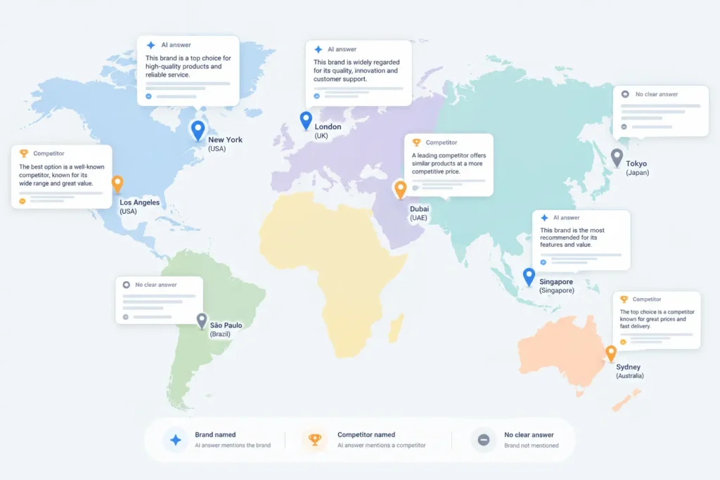Enterprise GEO audit showing AI search visibility differing across markets