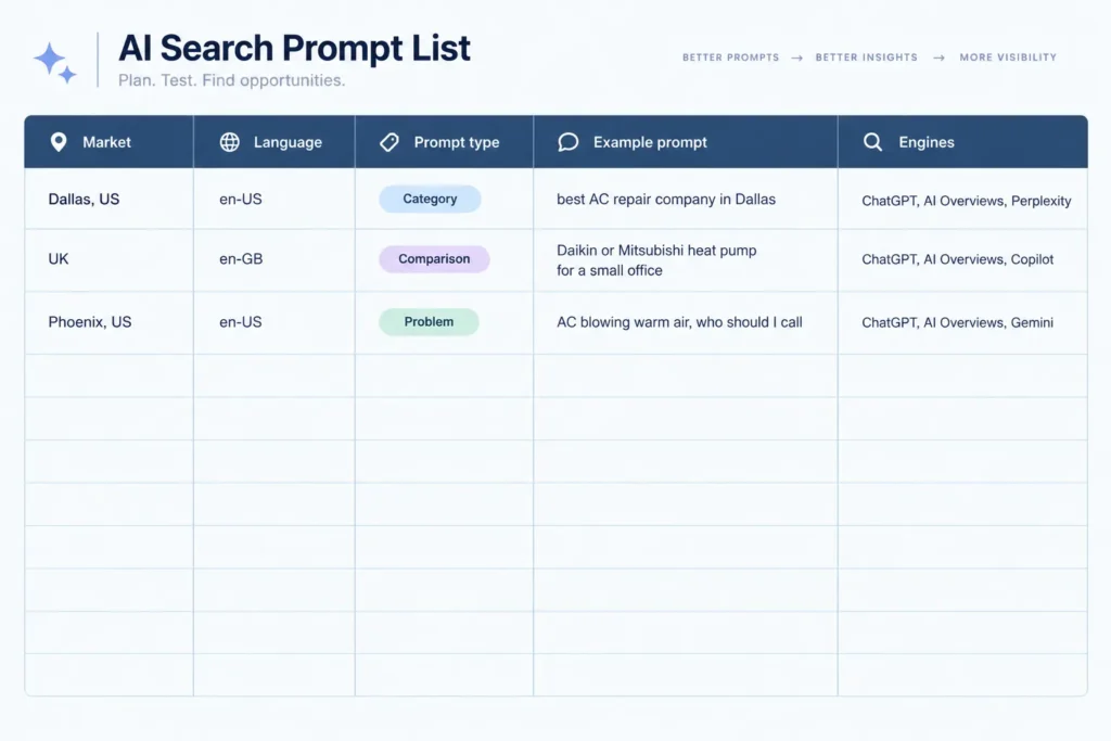 Market-by-market AI prompt list template with market, language, prompt type and engines columns