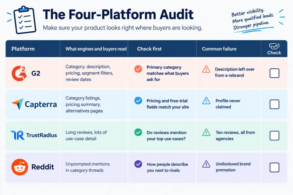 G2 profile optimization checklist for G2, Capterra, TrustRadius and Reddit