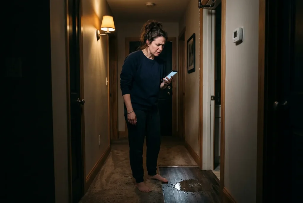 Homeowner in a hallway at night searching for an emergency plumber on her phone after a water leak