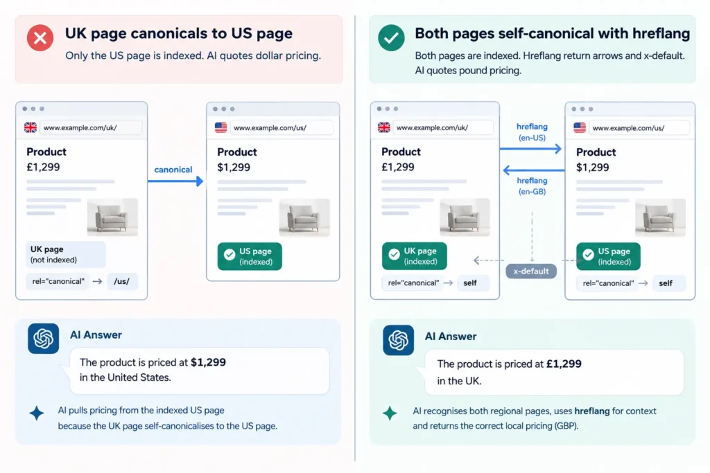 Diagram of a cross-market canonical error versus correct hreflang setup for AI search