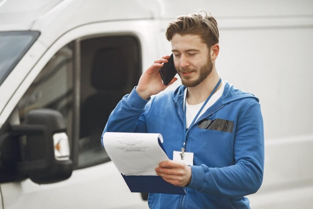 HVAC technician booking a service call from a lead on his phone beside a work van