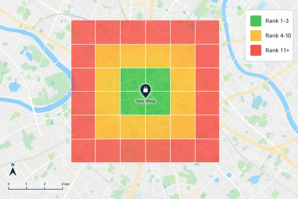Map Pack grid tracking showing HVAC rankings by neighborhood