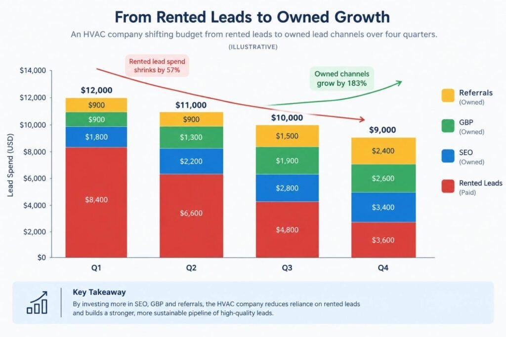 Illustrative chart of an HVAC company shifting budget from rented leads to owned lead channels over four quarters