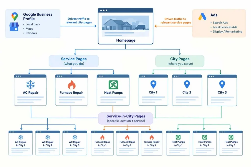 HVAC website structure with service pages, city pages and service-in-city pages