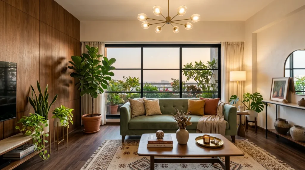 Premium modern apartment living room with a sage green sofa, wood panelling and brass lighting, representing high-ticket interior design
