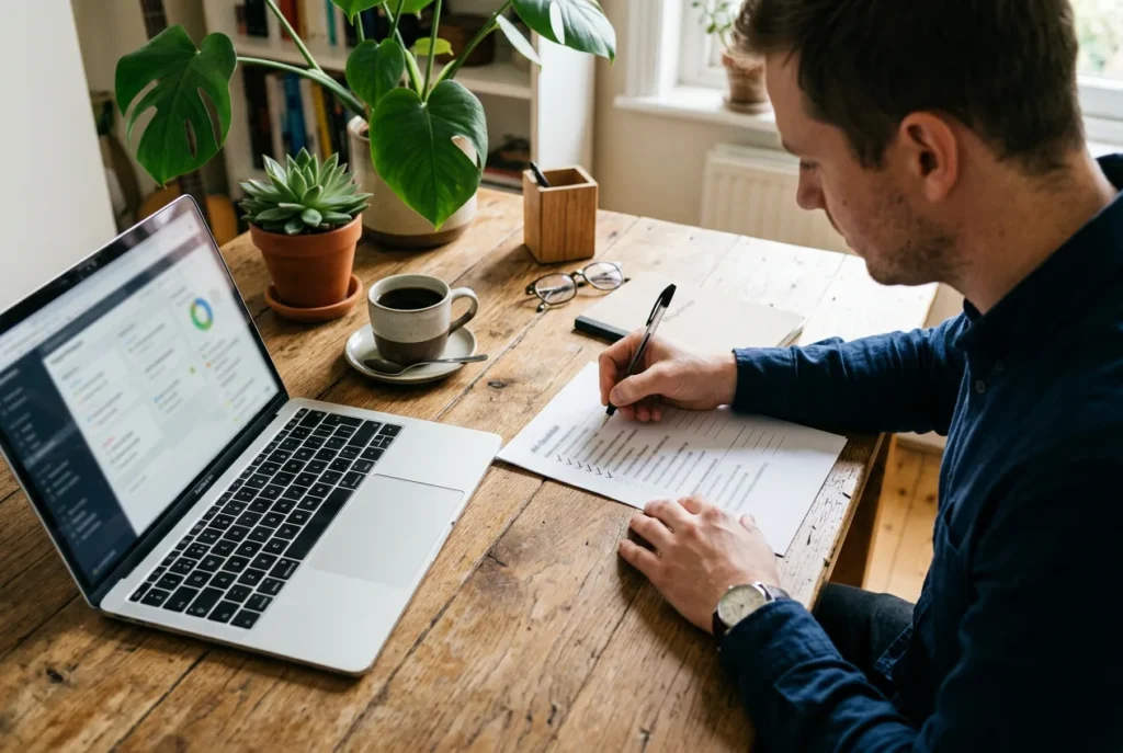 Marketer ticking off items on a printed LLM SEO audit checklist next to an open laptop