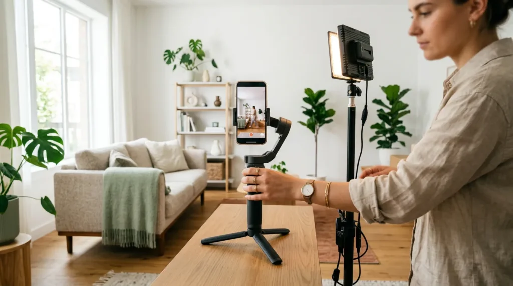 Smartphone on a gimbal filming a vertical video ad in a modern living room, part of Meta Ads creative production