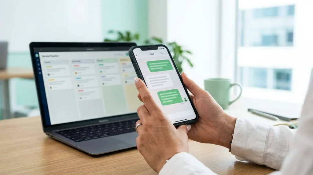 Sales team replying to a Meta Ads lead in a chat app on a smartphone, with a CRM pipeline on the laptop behind
