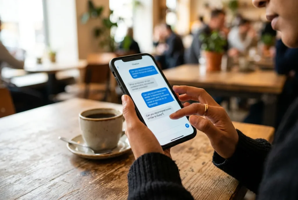 Person typing a buying question into an AI chatbot on a smartphone in a cafe