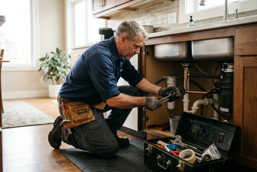 Plumber kneeling under a kitchen sink repairing a pipe with a wrench, toolbox open beside him