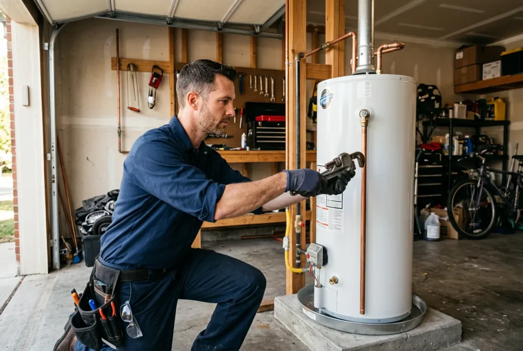 Plumber installing a new tank water heater in a residential garage, the follow-on job after an emergency call