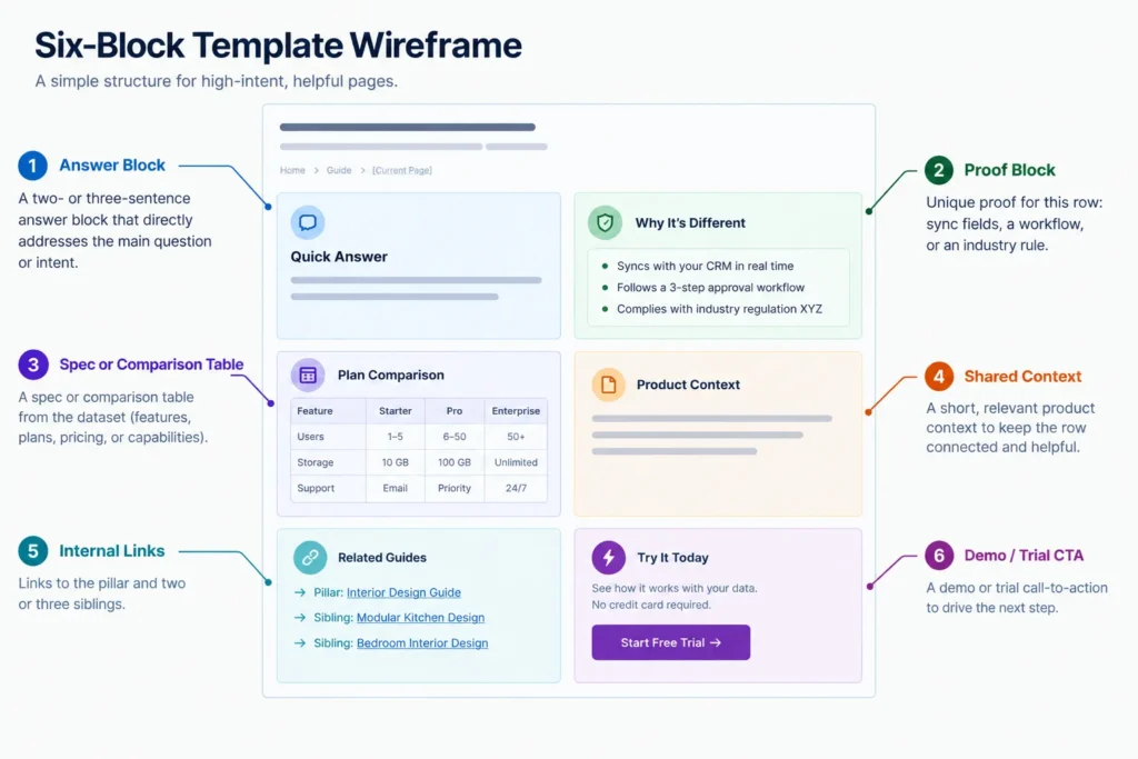 Anatomy of a programmatic SaaS page template with six blocks