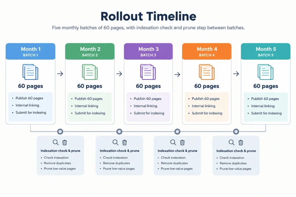 Monthly rollout cadence of 60 programmatic pages with indexation checks. programmatic seo for saas