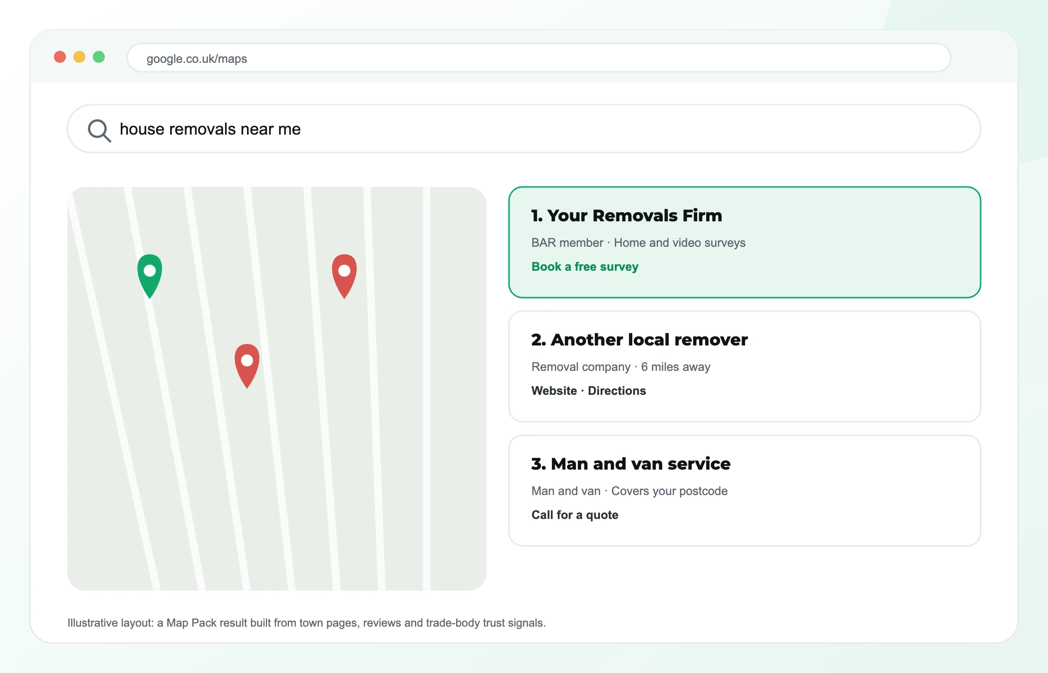 Illustrative Google Map Pack for house removals near me with a BAR member removals firm offering free surveys first