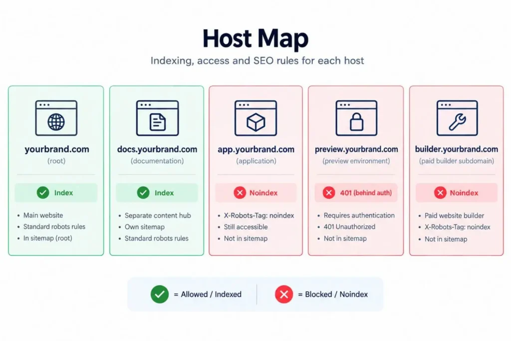 SaaS app subdomain SEO diagram showing which hosts to index, noindex or lock behind authentication