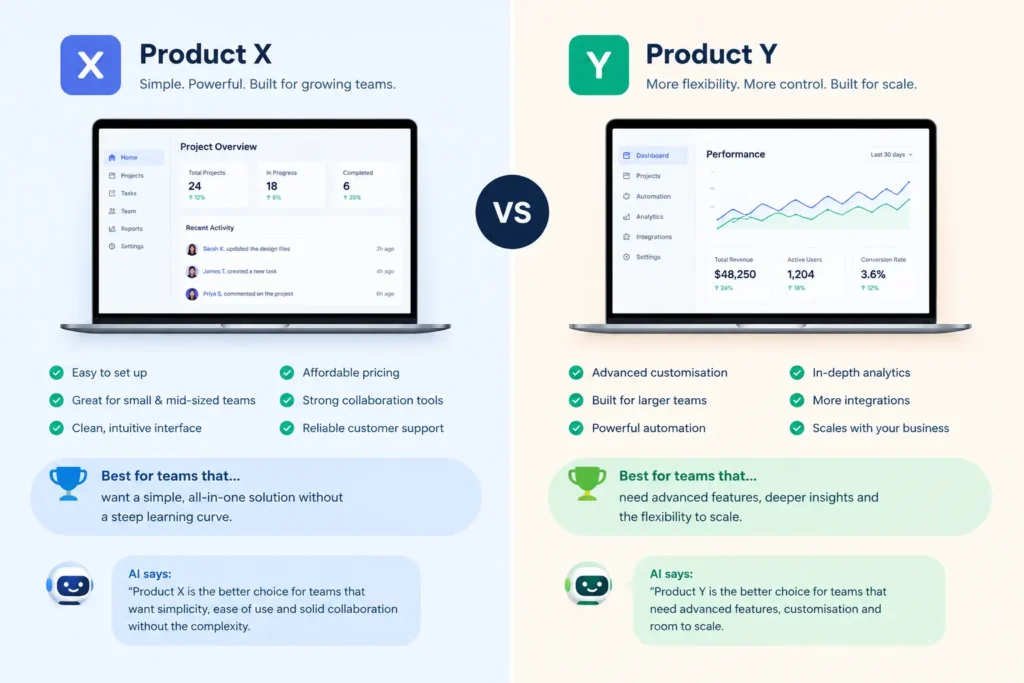SaaS comparison pages with a fair verdict for each product