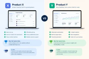 SaaS comparison pages with a fair verdict for each product