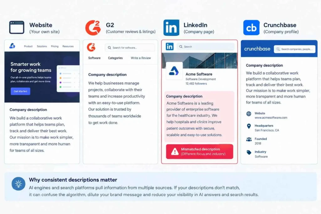 Inconsistent SaaS brand descriptions across G2, LinkedIn and Crunchbase hurting AI search visibility for SaaS