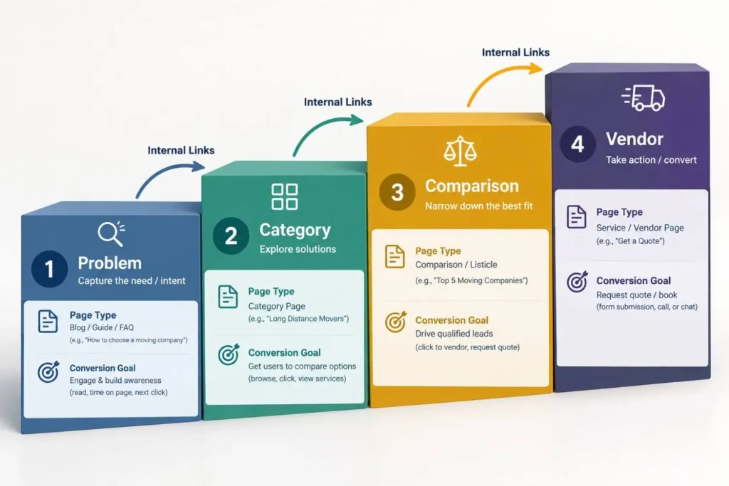 Four tiers of SaaS keywords from problem to vendor with page types 