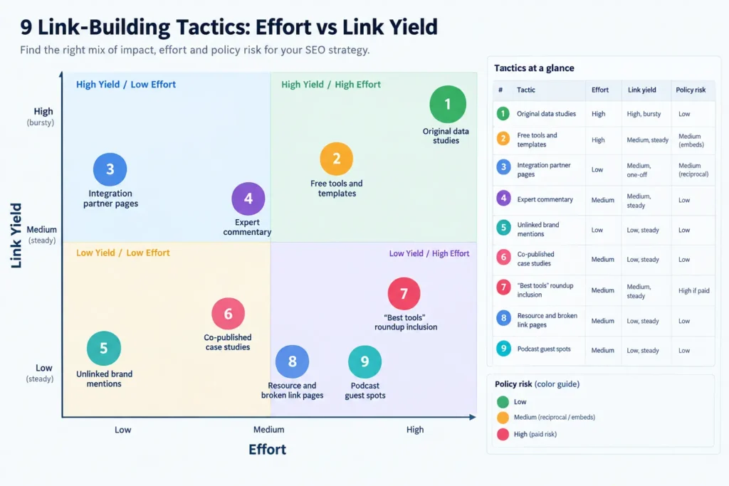 SaaS link building tactics plotted by effort, link yield and policy risk