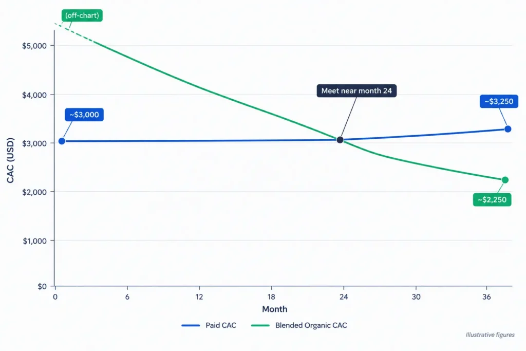 Paid search CAC versus blended organic CAC crossing at month 24 in an illustrative SaaS example