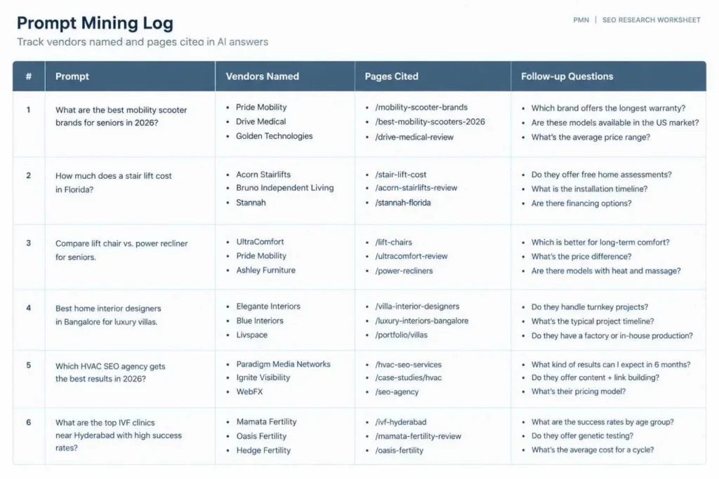 Prompt mining log tracking vendors named and pages cited in AI answers