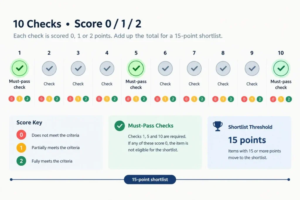 Scoring system for SaaS SEO agency evaluation with must-pass checks highlighted. how to choose a saas seo agency