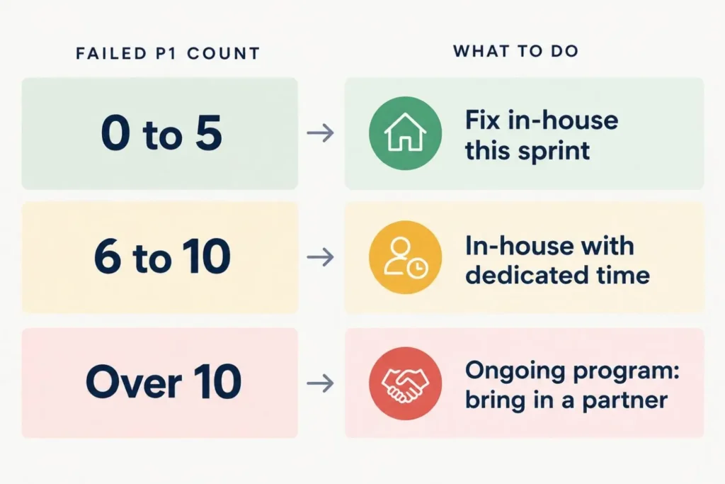 Decision rule for fixing a SaaS SEO audit in-house or with an agency based on failed P1 items