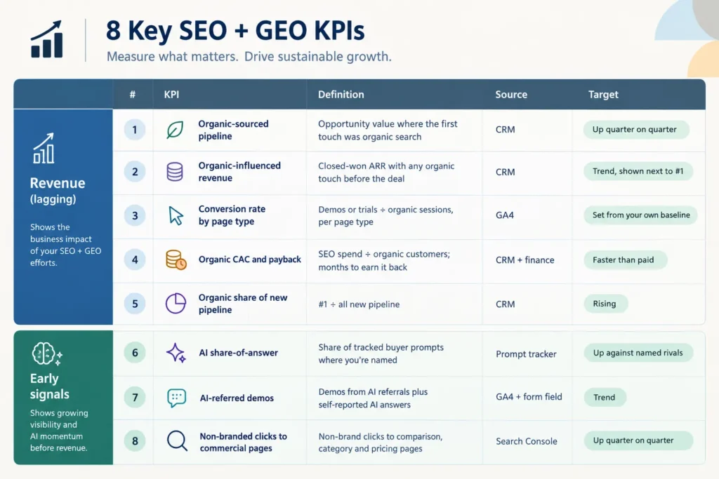 Eight SaaS SEO KPIs with definitions, data sources and targets