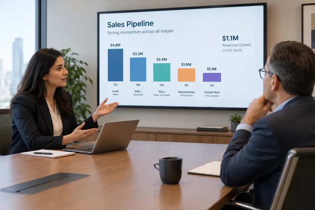 Head of marketing presenting SaaS SEO metrics as organic pipeline to a CFO