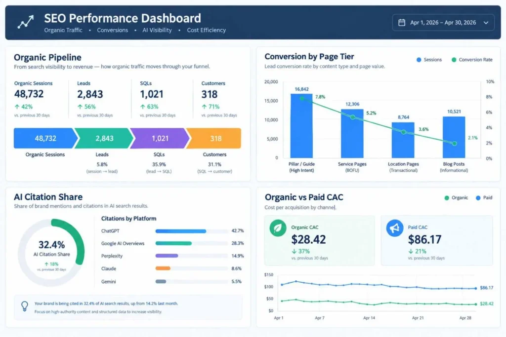SaaS SEO agency reporting dashboard tracking organic pipeline and AI citation share