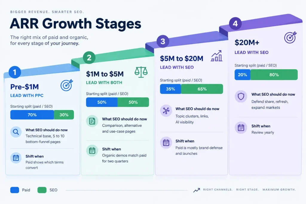 SEO vs PPC for SaaS budget split by ARR stage from pre-$1M to $20M+
