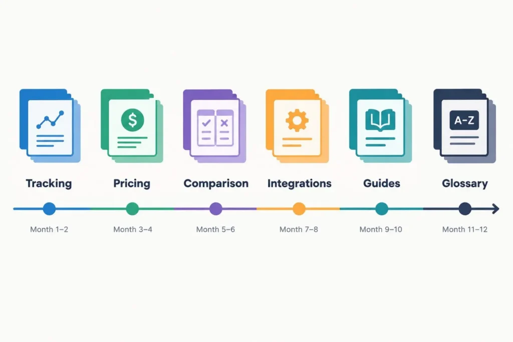 SaaS SEO strategy roadmap showing which pages to build across 12 months