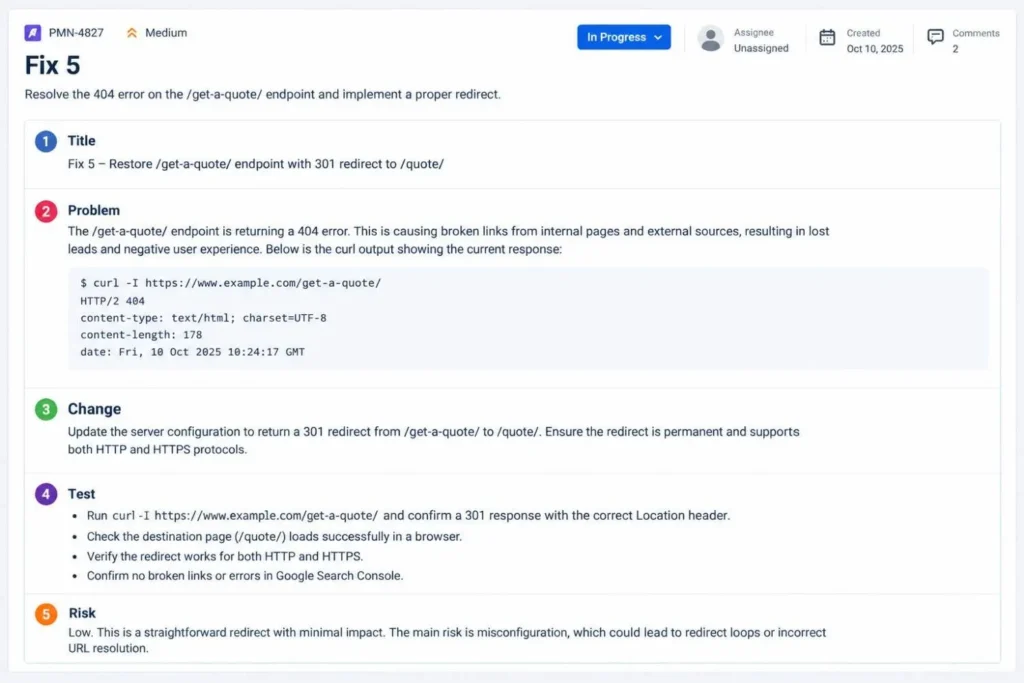 Example SEO dev ticket for noindexing a SaaS app subdomain with problem, change, test and risk fields