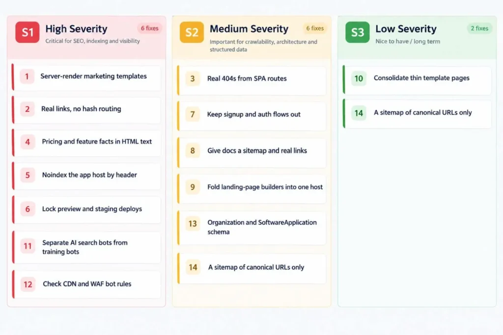 Technical SEO for SaaS websites: 14 fixes sorted into S1, S2 and S3 severity columns