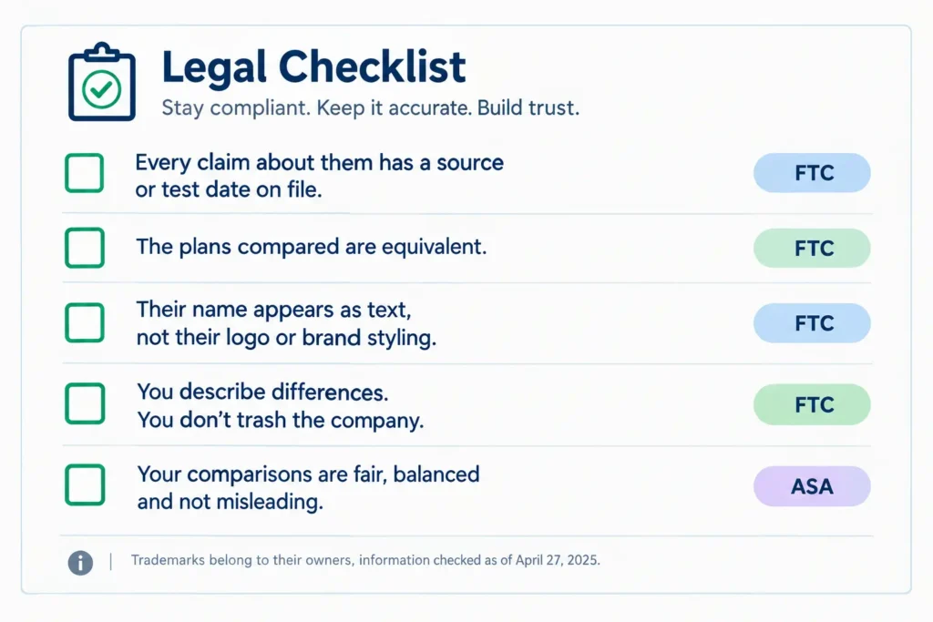 Legal checklist for naming competitors on SaaS vs pages