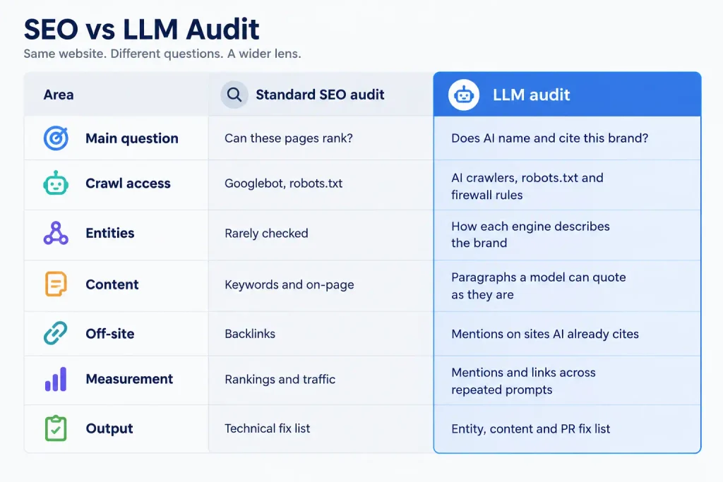 Side-by-side comparison of a standard SEO audit and an LLM audit for agencies